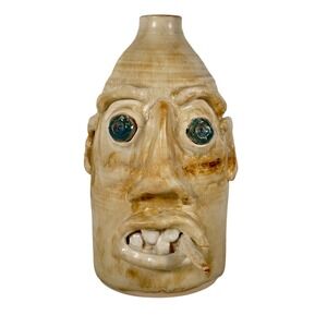 Handmade Folk Art Face Jug Stoneware Pottery Tan Salt Glaze Blue Glass Eyes